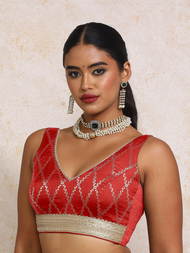 Liyana x Tyohaar | Sleeveless Berry Red Vine Mesh Brocade Saree Blouse-Binks