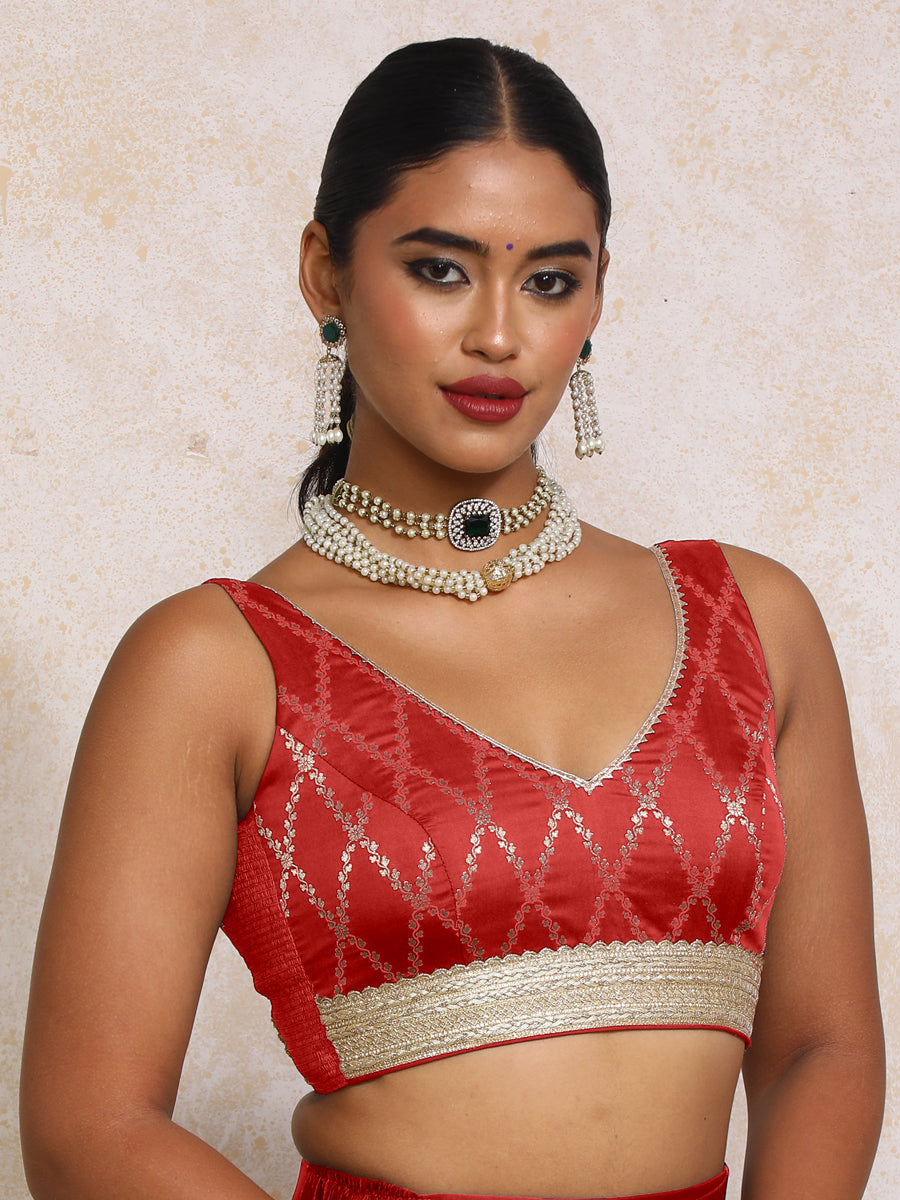 Liyana x Tyohaar Saree Blouse, in Red Viscose Silk Brocade, featuring sleeveless and curved v-neckline (view 6).