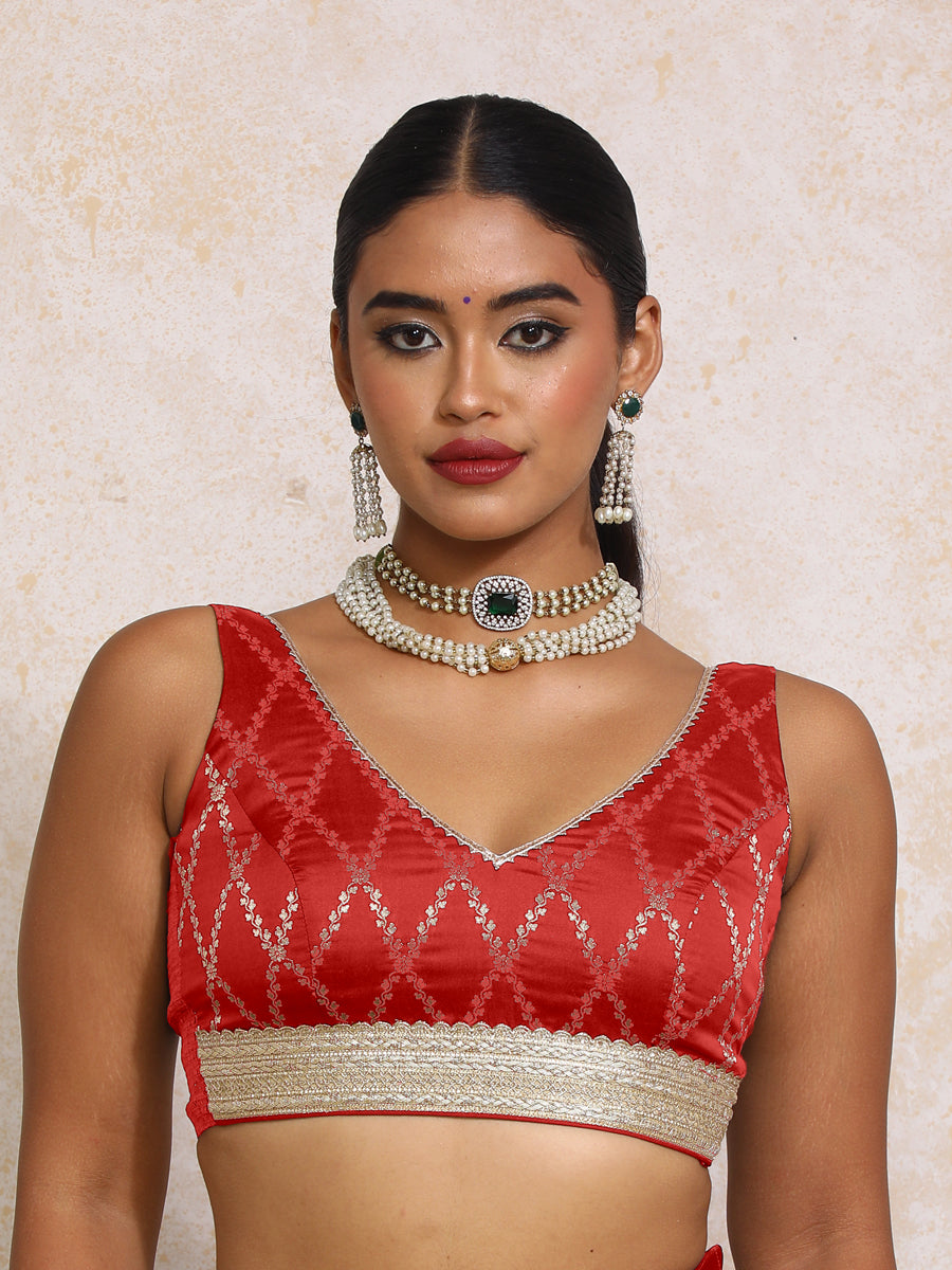 Liyana x Tyohaar Saree Blouse, in Red Viscose Silk Brocade, featuring sleeveless and curved v-neckline (view 7).