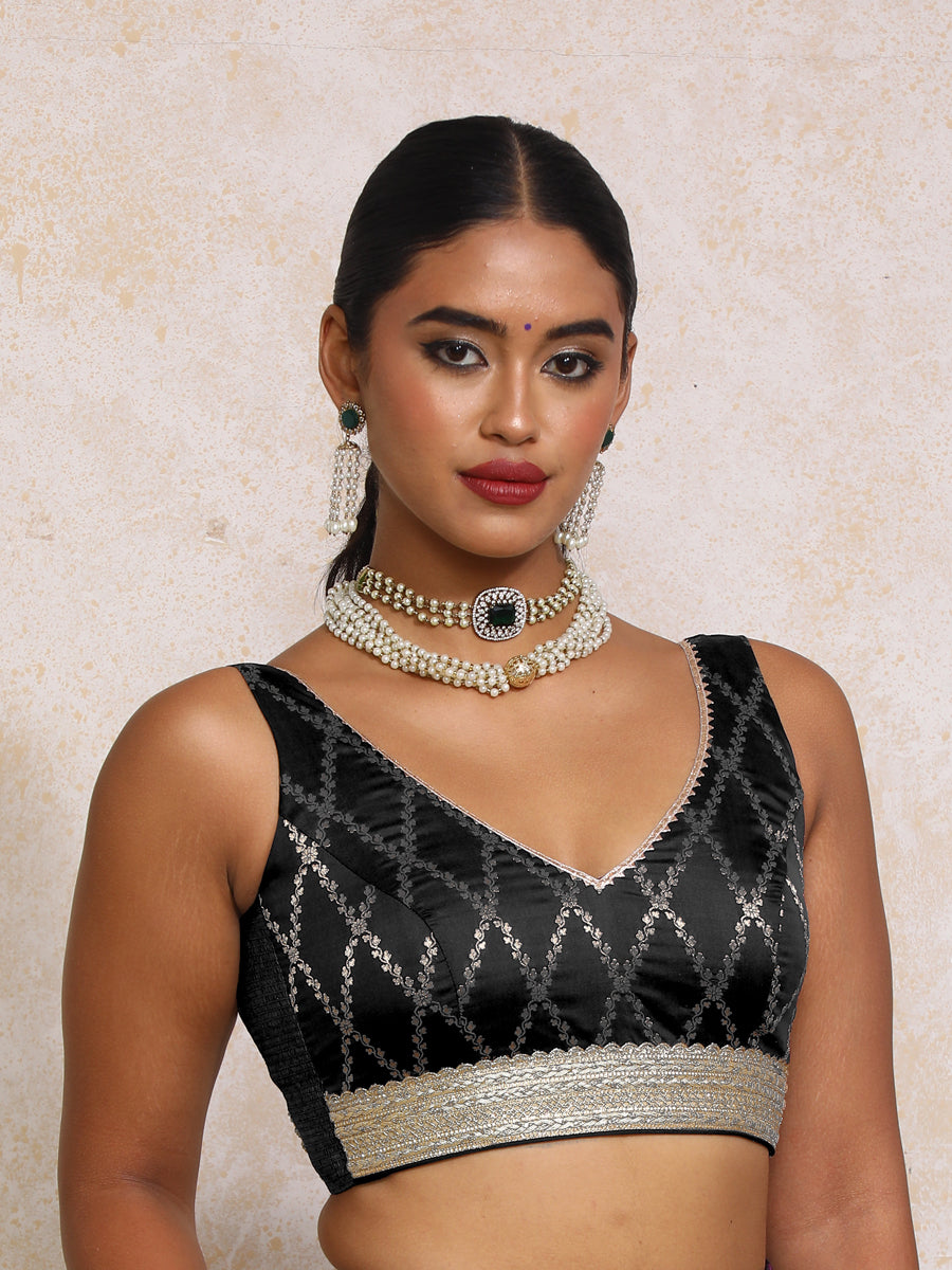 Liyana x Tyohaar Saree Blouse, in Black Viscose Silk Brocade, featuring sleeveless and curved v-neckline (view 5).