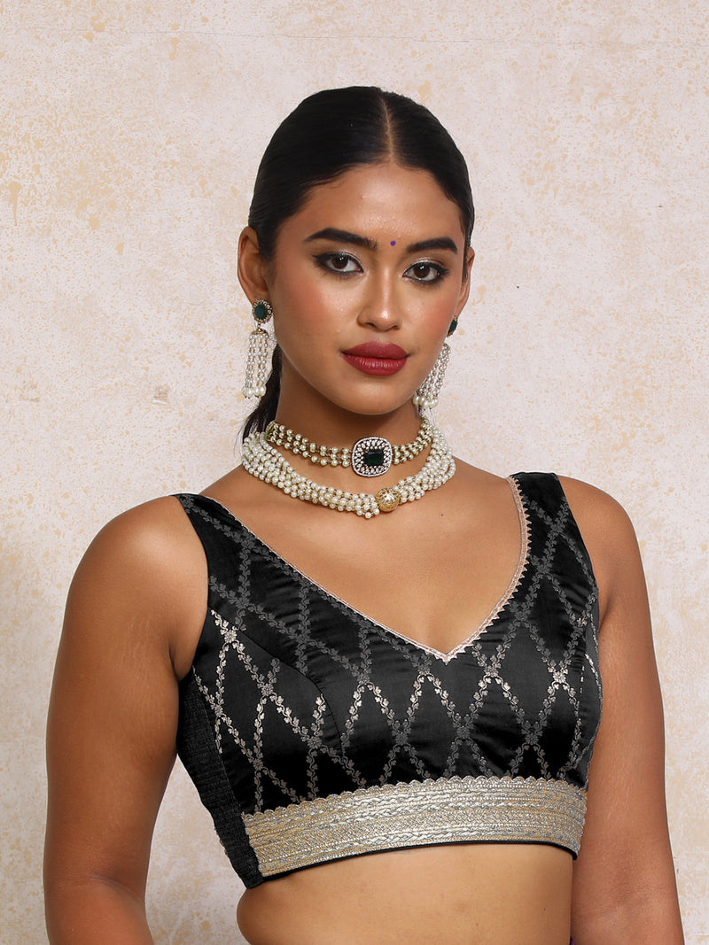 Liyana x Tyohaar | Sleeveless Cosmic Black Vine Mesh Brocade Saree Blouse-Binks