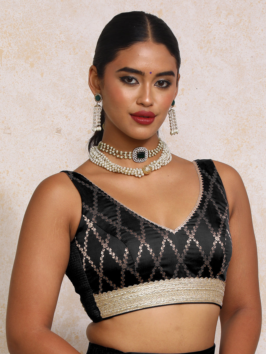 Liyana x Tyohaar Saree Blouse, in Black Viscose Silk Brocade, featuring sleeveless and curved v-neckline (view 6).