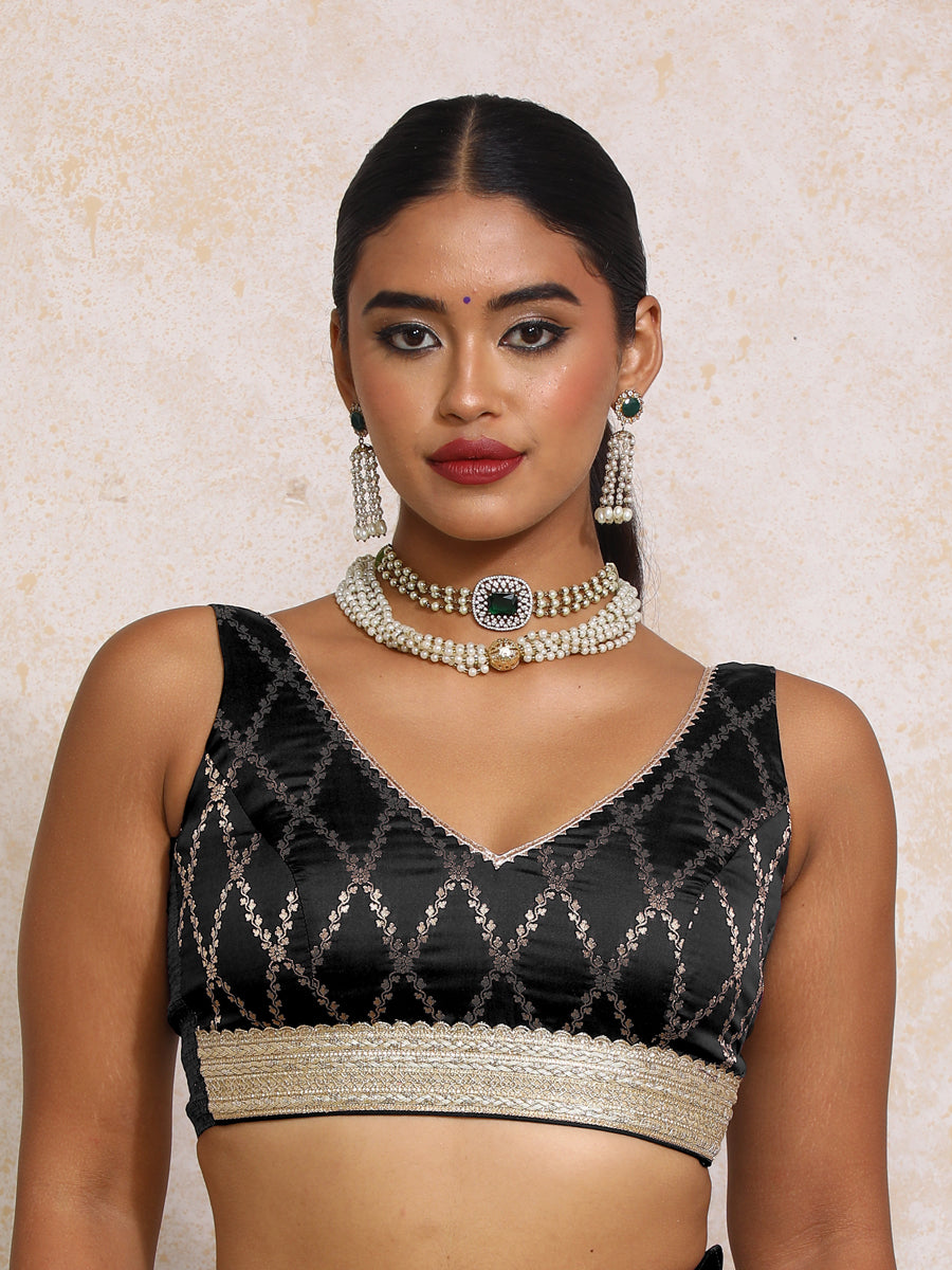 Liyana x Tyohaar Saree Blouse, in Black Viscose Silk Brocade, featuring sleeveless and curved v-neckline (view 7).