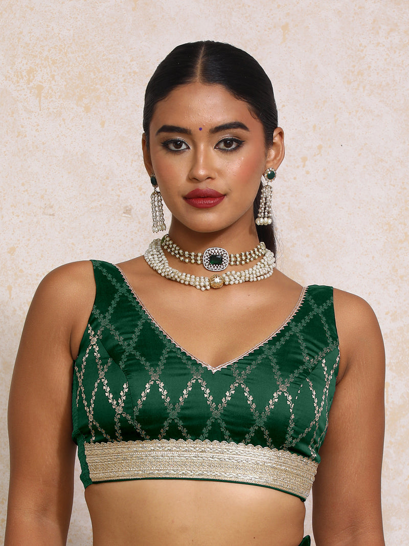 Liyana x Tyohaar | Sleeveless Dark Green Vine Mesh Brocade Saree Blouse-Binks