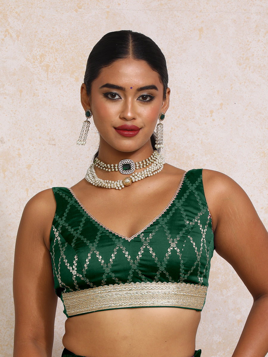 Liyana x Tyohaar Saree Blouse, in Green Viscose Silk Brocade, featuring sleeveless and curved v-neckline (view 4).
