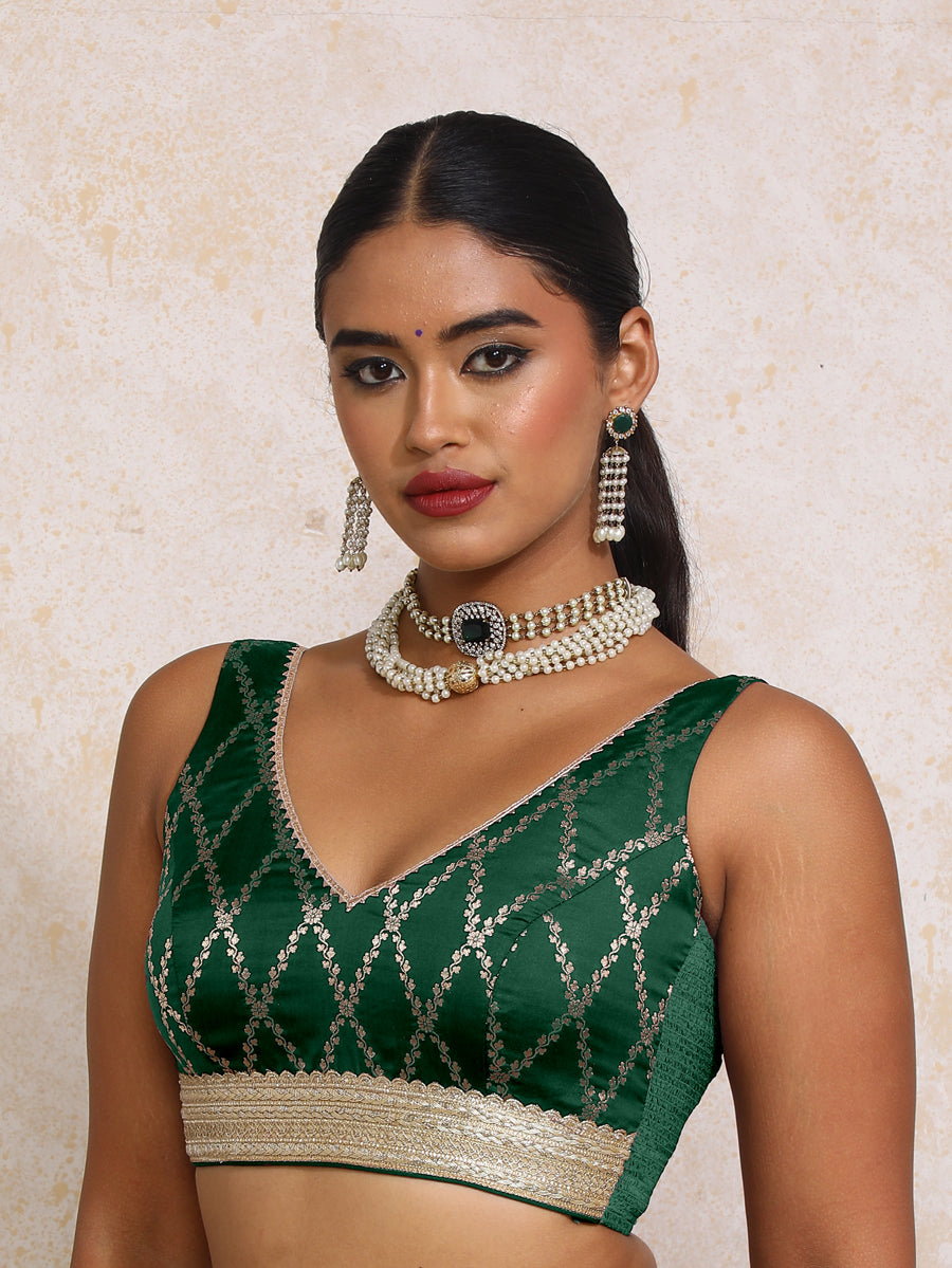 Liyana x Tyohaar Saree Blouse, in Green Viscose Silk Brocade, featuring sleeveless and curved v-neckline (view 5).