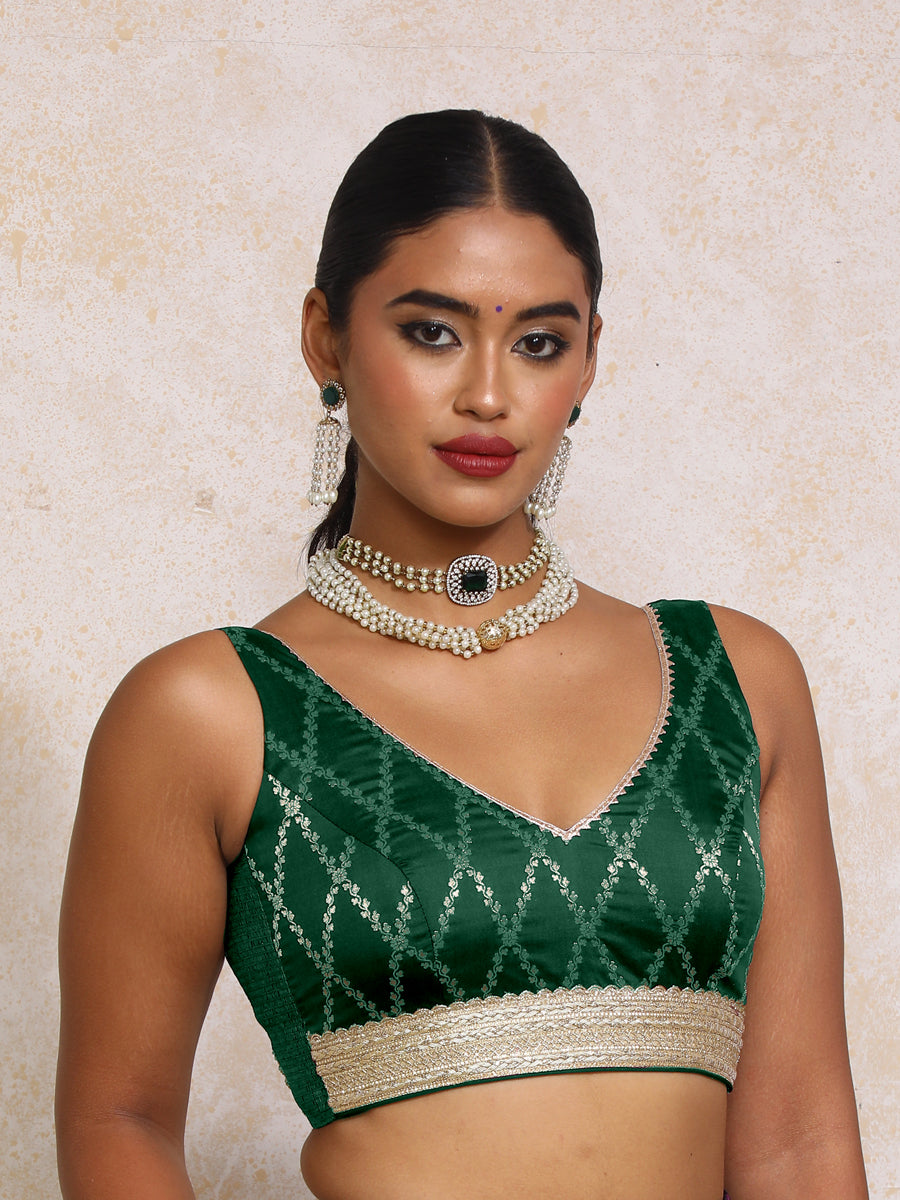 Liyana x Tyohaar Saree Blouse, in Green Viscose Silk Brocade, featuring sleeveless and curved v-neckline (view 6).
