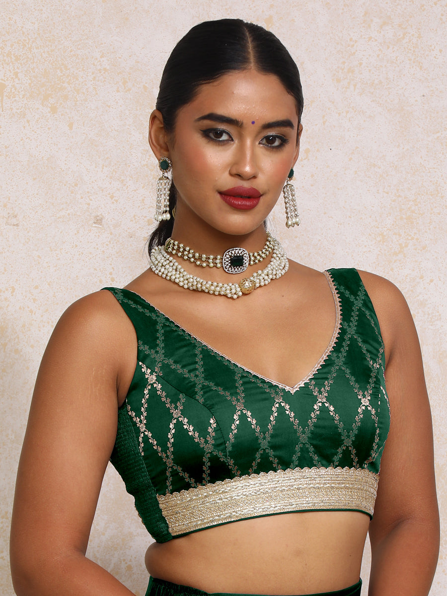 Liyana x Tyohaar Saree Blouse, in Green Viscose Silk Brocade, featuring sleeveless and curved v-neckline (view 7).