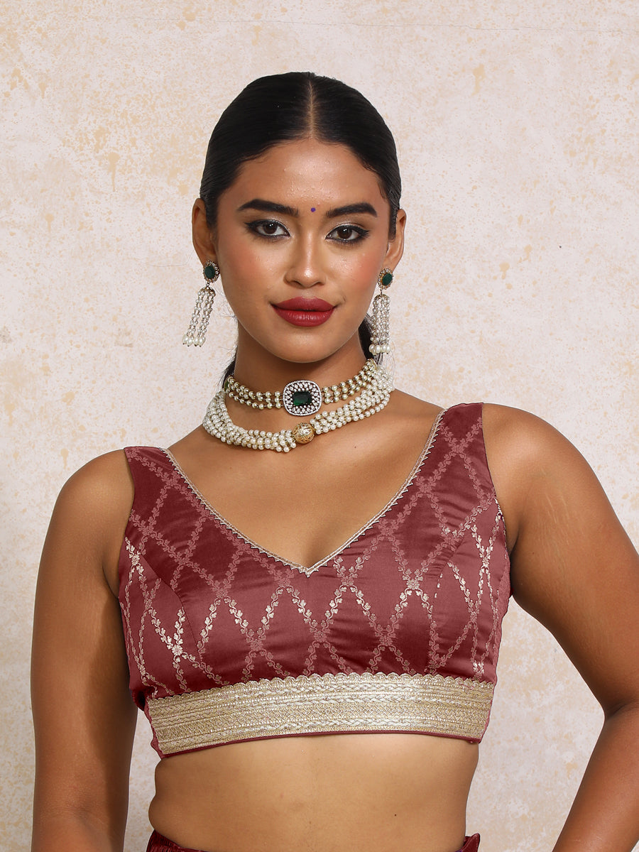 Liyana x Tyohaar Saree Blouse, in Maroon Viscose Silk Brocade, featuring sleeveless and curved v-neckline (view 4).