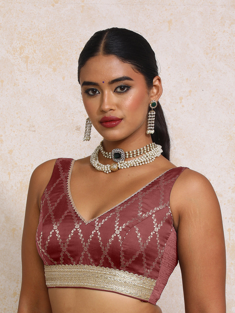 Liyana x Tyohaar | Sleeveless Deep Burgundy Vine Mesh Brocade Saree Blouse-Binks