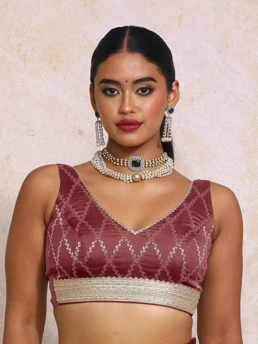 Liyana x Tyohaar Saree Blouse, in Maroon Viscose Silk Brocade, featuring sleeveless and curved v-neckline (view 6).