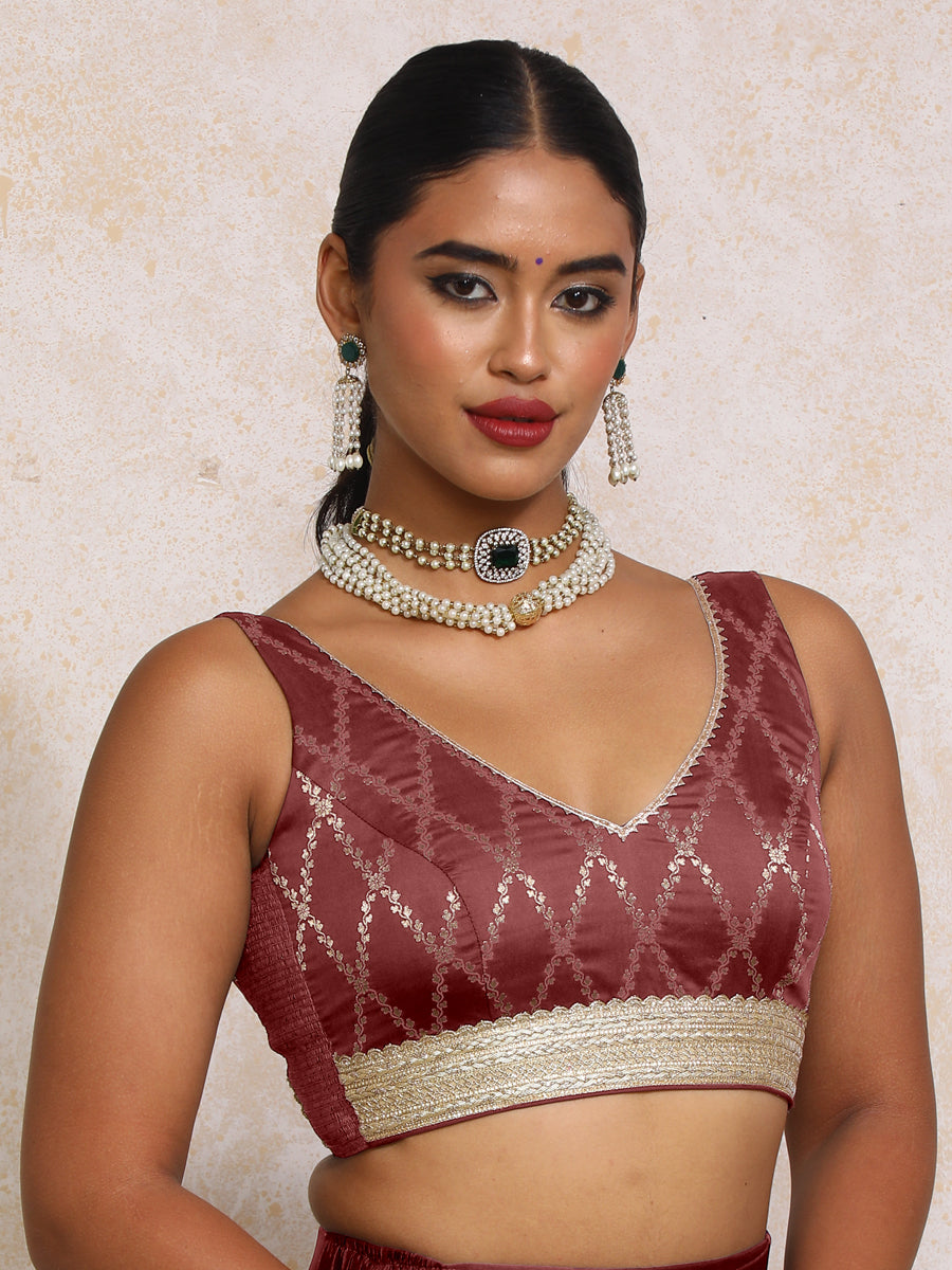 Liyana x Tyohaar Saree Blouse, in Maroon Viscose Silk Brocade, featuring sleeveless and curved v-neckline (view 7).