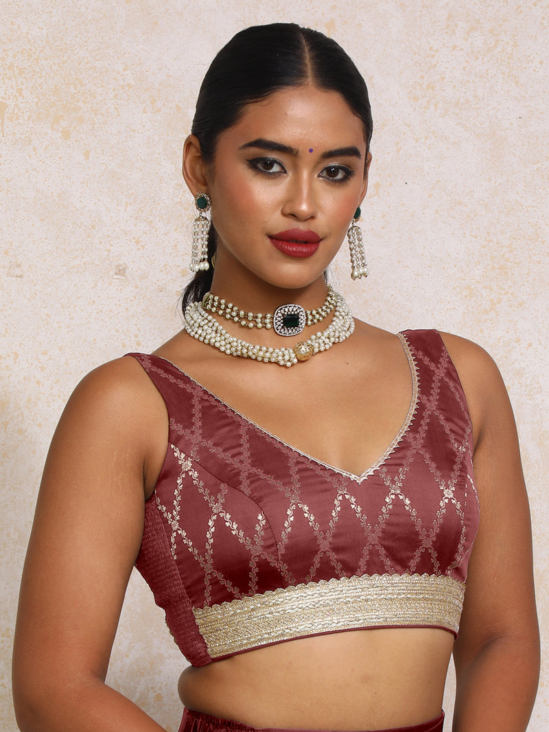 Liyana x Tyohaar | Sleeveless Deep Burgundy Vine Mesh Brocade Saree Blouse-Binks