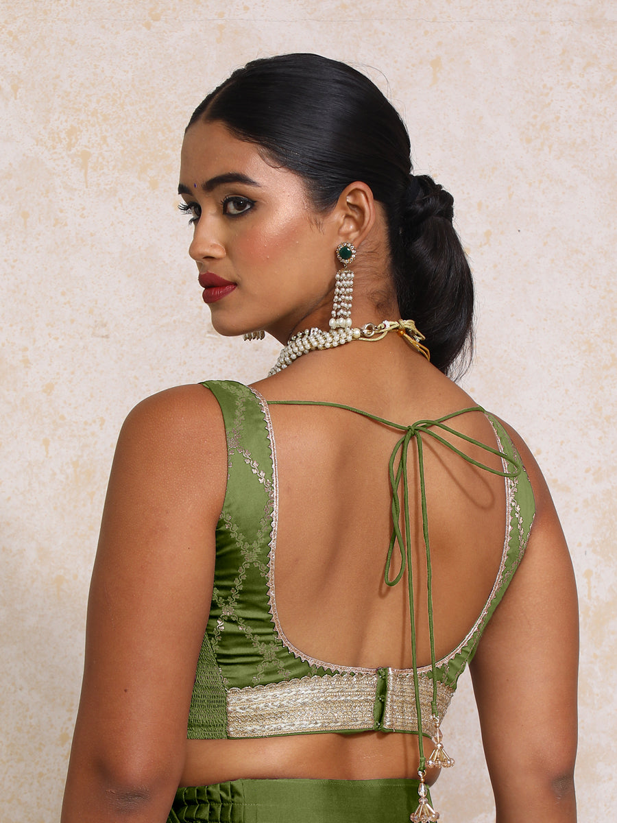 Liyana x Tyohaar Saree Blouse, in Green Viscose Silk Brocade, featuring sleeveless and curved v-neckline (view 2).