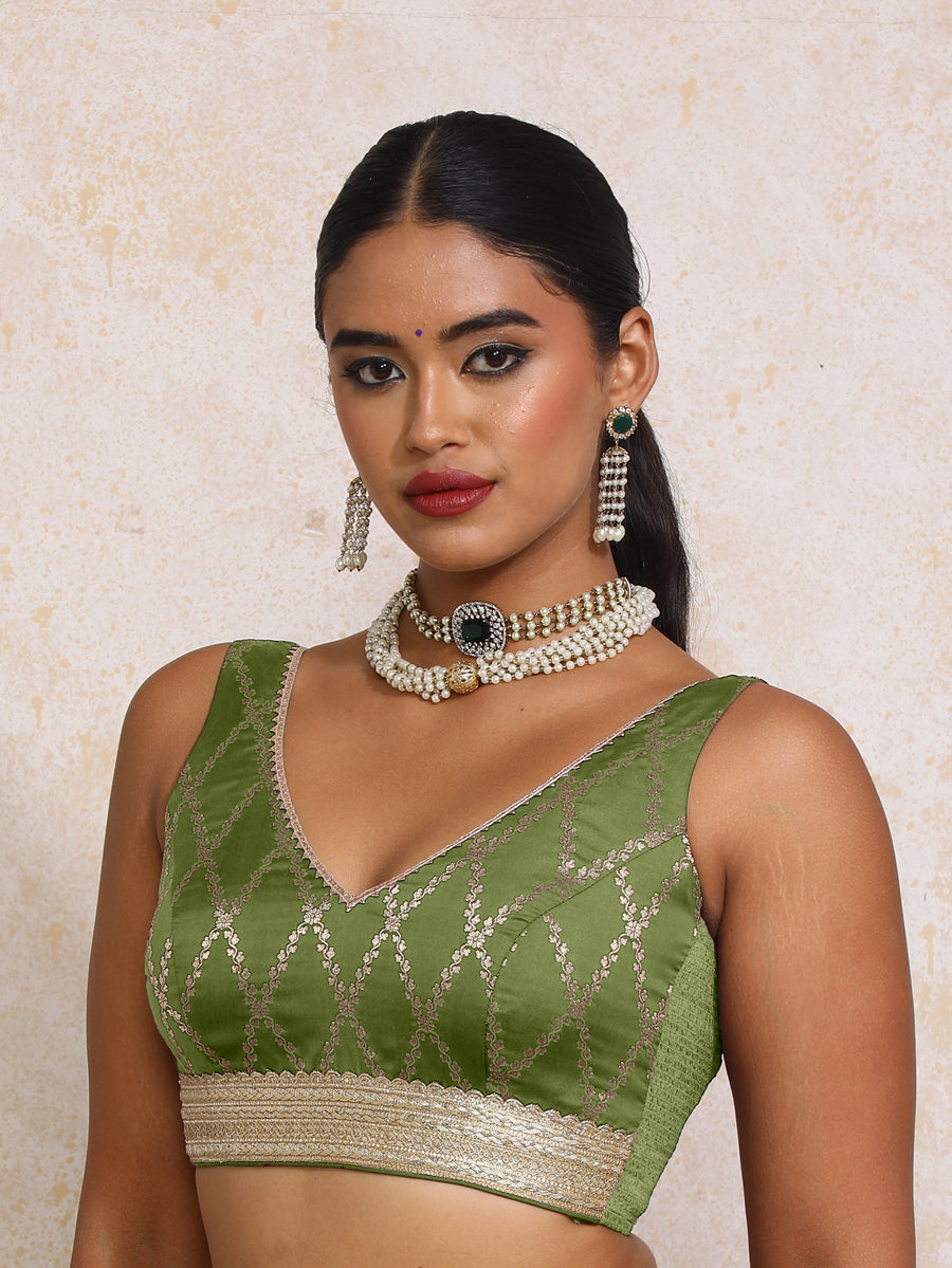 Liyana x Tyohaar Saree Blouse, in Green Viscose Silk Brocade, featuring sleeveless and curved v-neckline (view 4).