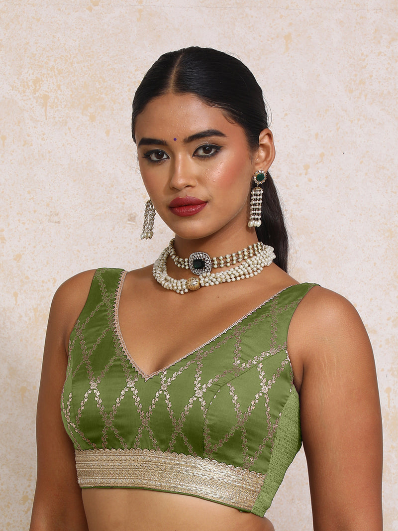 Liyana x Tyohaar | Sleeveless Deep Olive Vine Mesh Brocade Saree Blouse-Binks