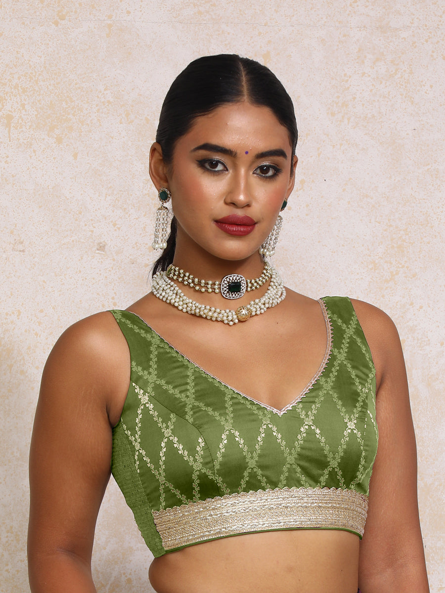 Liyana x Tyohaar Saree Blouse, in Green Viscose Silk Brocade, featuring sleeveless and curved v-neckline (view 5).