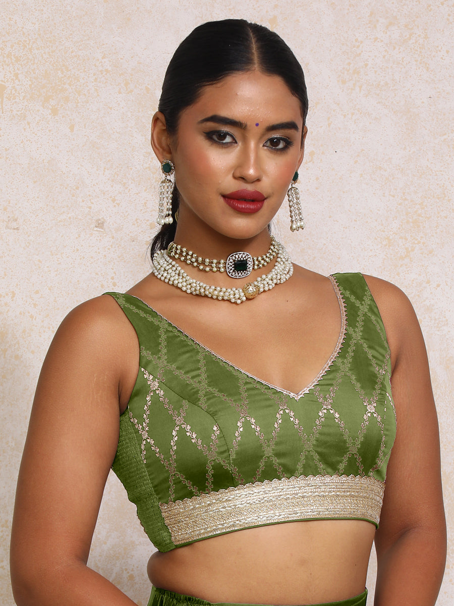 Liyana x Tyohaar Saree Blouse, in Green Viscose Silk Brocade, featuring sleeveless and curved v-neckline (view 6).