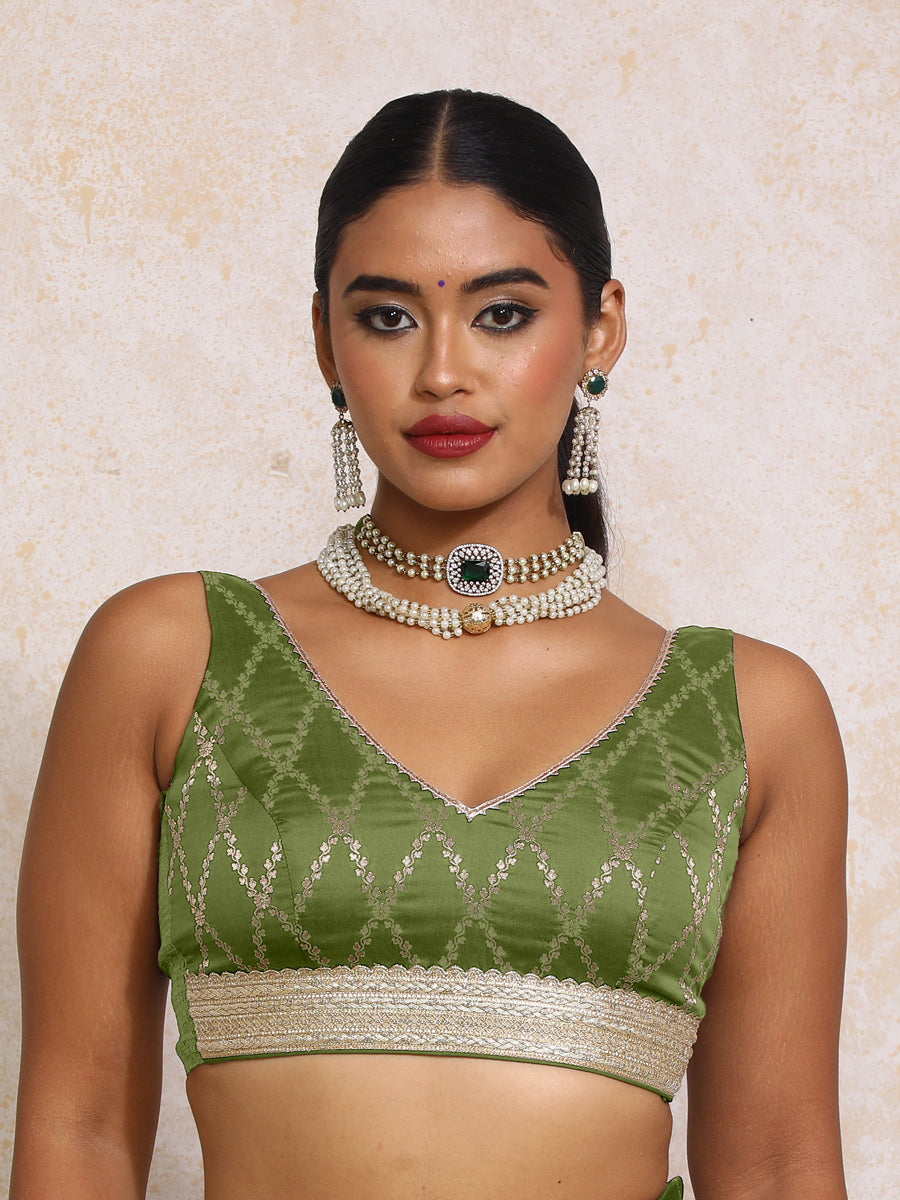 Liyana x Tyohaar Saree Blouse, in Green Viscose Silk Brocade, featuring sleeveless and curved v-neckline (view 7).