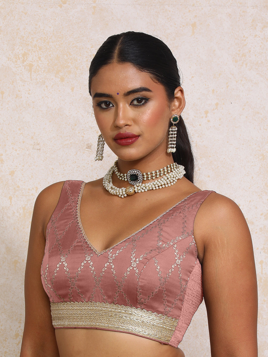 Liyana x Tyohaar Saree Blouse, in Pink Viscose Silk Brocade, featuring sleeveless and curved v-neckline (view 5).