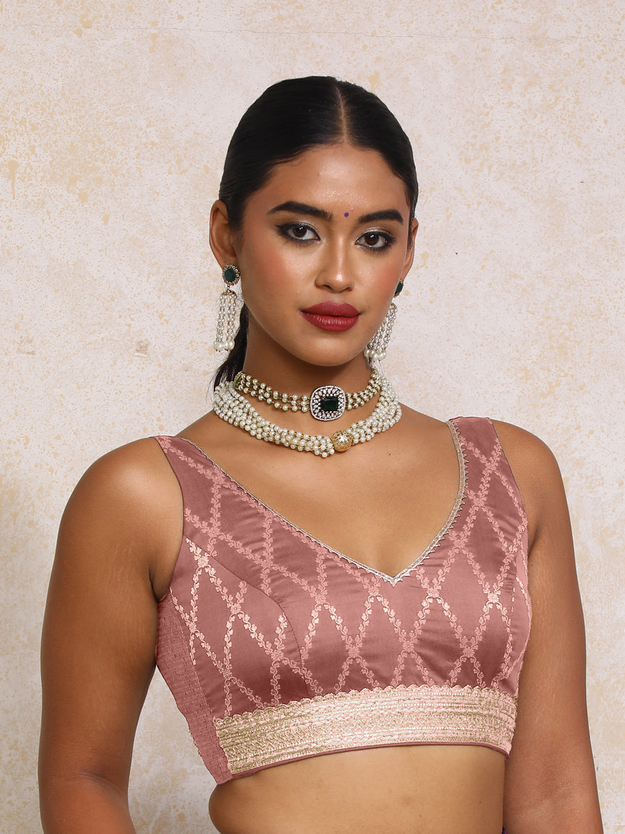 Liyana x Tyohaar Saree Blouse, in Pink Viscose Silk Brocade, featuring sleeveless and curved v-neckline (view 6).