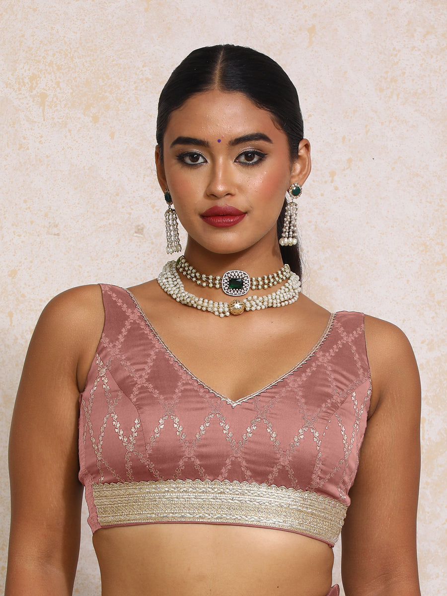 Liyana x Tyohaar Saree Blouse, in Pink Viscose Silk Brocade, featuring sleeveless and curved v-neckline (view 7).