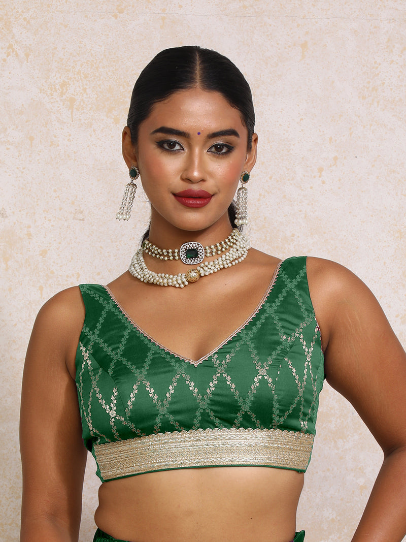 Liyana x Tyohaar | Sleeveless Emerald Green Vine Mesh Brocade Saree Blouse-Binks