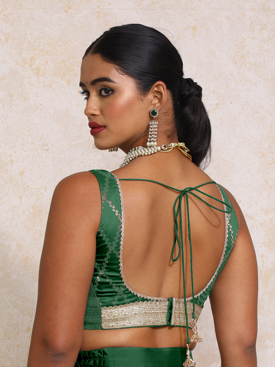 Liyana x Tyohaar Saree Blouse, in Green Viscose Silk Brocade, featuring sleeveless and curved v-neckline (view 2).