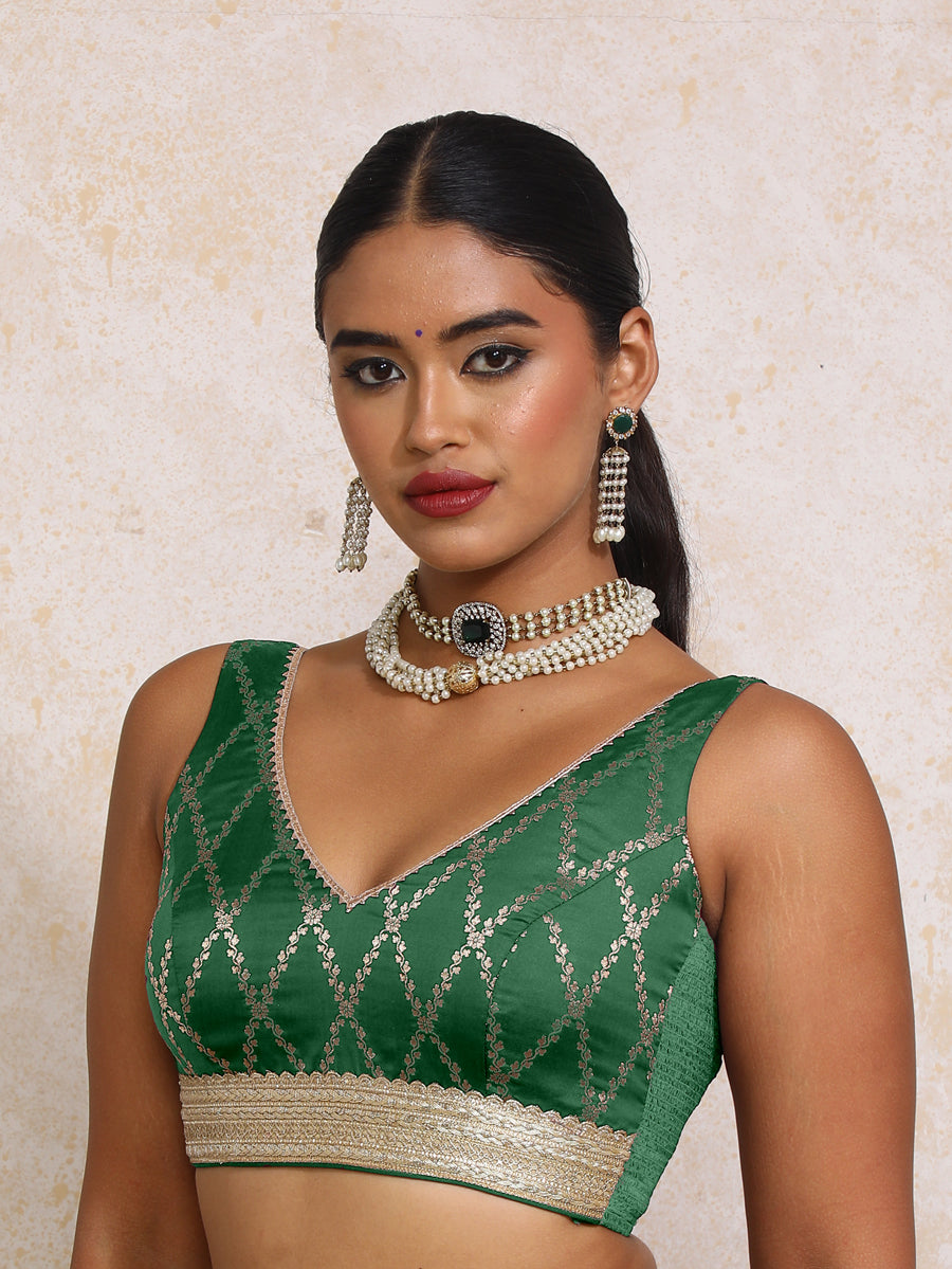 Liyana x Tyohaar Saree Blouse, in Green Viscose Silk Brocade, featuring sleeveless and curved v-neckline (view 4).