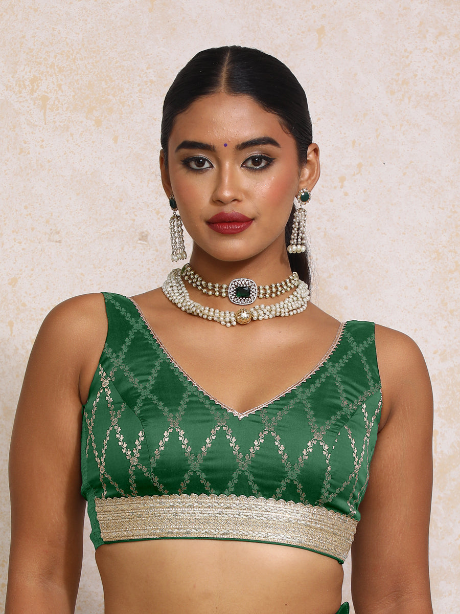 Liyana x Tyohaar Saree Blouse, in Green Viscose Silk Brocade, featuring sleeveless and curved v-neckline (view 7).