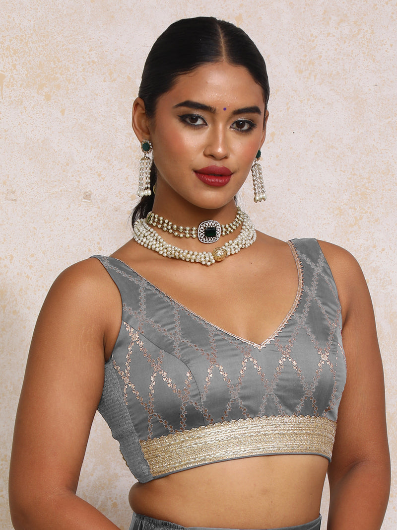 Liyana x Tyohaar | Sleeveless Gilded Grey Vine Mesh Brocade Saree Blouse-Binks