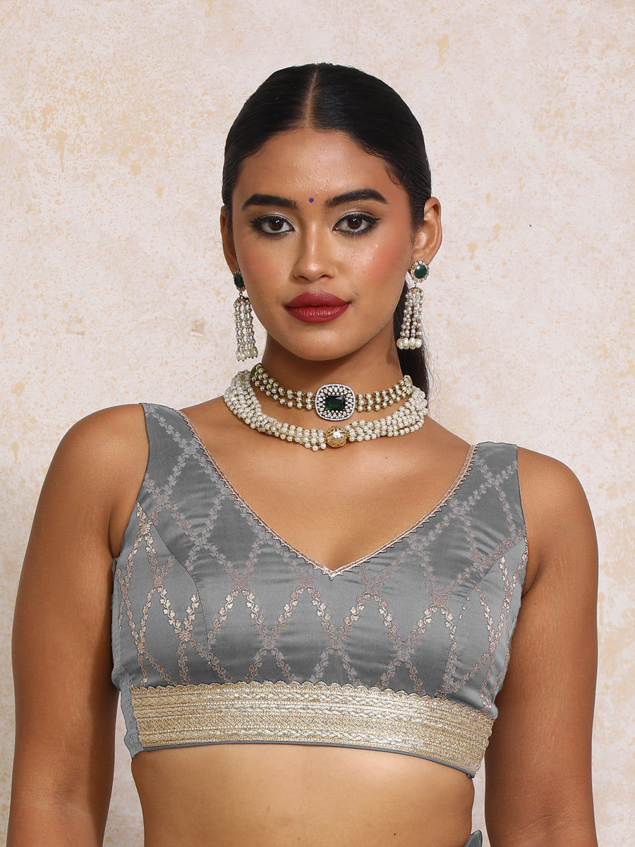 Liyana x Tyohaar Saree Blouse, in Grey Viscose Silk Brocade, featuring sleeveless and curved v-neckline (view 7).