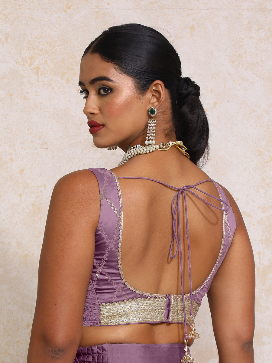 Liyana x Tyohaar Saree Blouse, in Purple Viscose Silk Brocade, featuring sleeveless and curved v-neckline (view 2).