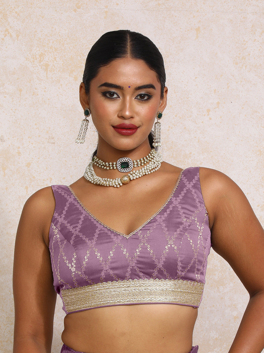 Liyana x Tyohaar Saree Blouse, in Purple Viscose Silk Brocade, featuring sleeveless and curved v-neckline (view 4).