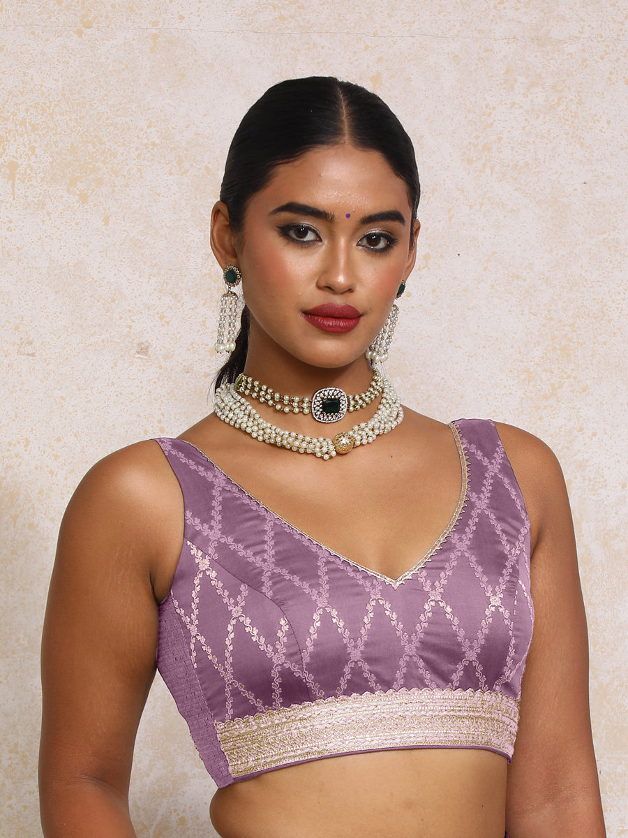 Liyana x Tyohaar Saree Blouse, in Purple Viscose Silk Brocade, featuring sleeveless and curved v-neckline (view 6).