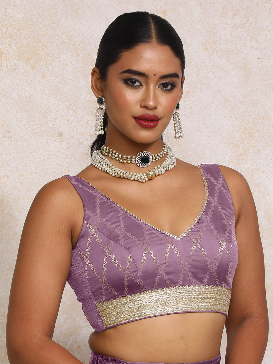 Liyana x Tyohaar Saree Blouse, in Purple Viscose Silk Brocade, featuring sleeveless and curved v-neckline (view 7).