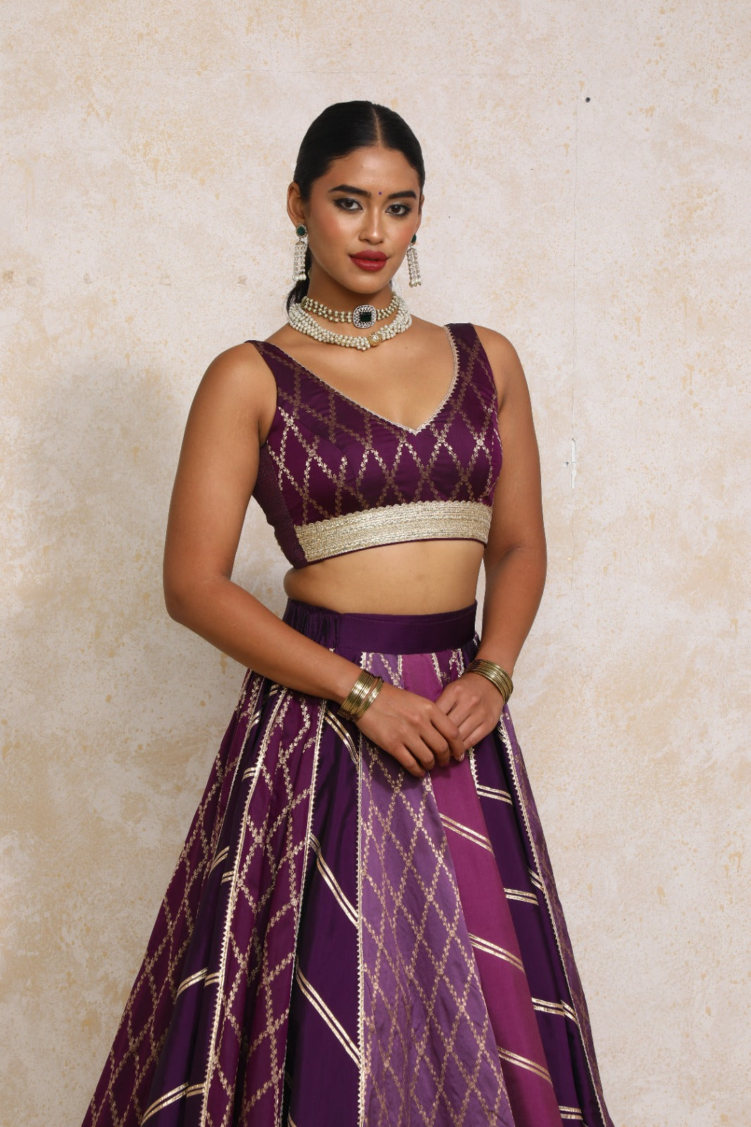 Liyana x Tyohaar Saree Blouse, in Purple Viscose Silk Brocade, featuring sleeveless and curved v-neckline (view 4).