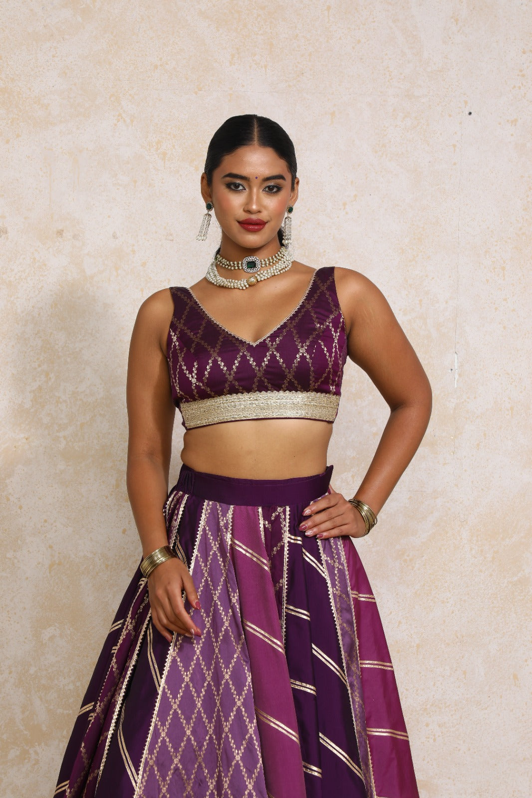 Liyana x Tyohaar Saree Blouse, in Purple Viscose Silk Brocade, featuring sleeveless and curved v-neckline (view 6).