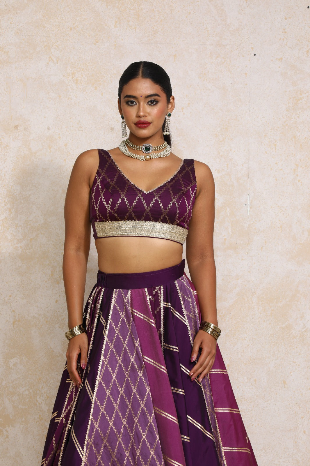 Liyana x Tyohaar Saree Blouse, in Purple Viscose Silk Brocade, featuring sleeveless and curved v-neckline (view 7).