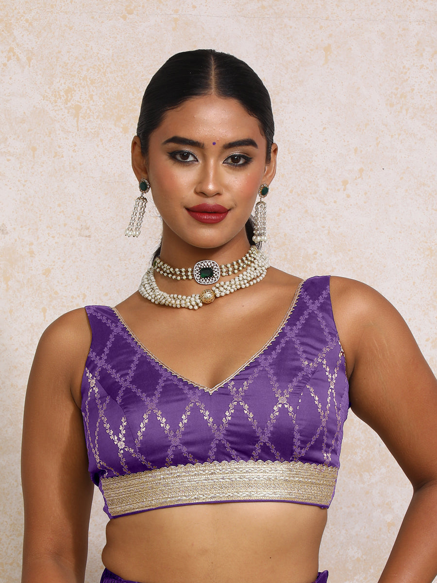 Liyana x Tyohaar Saree Blouse, in Purple Viscose Silk Brocade, featuring sleeveless and curved v-neckline (view 4).