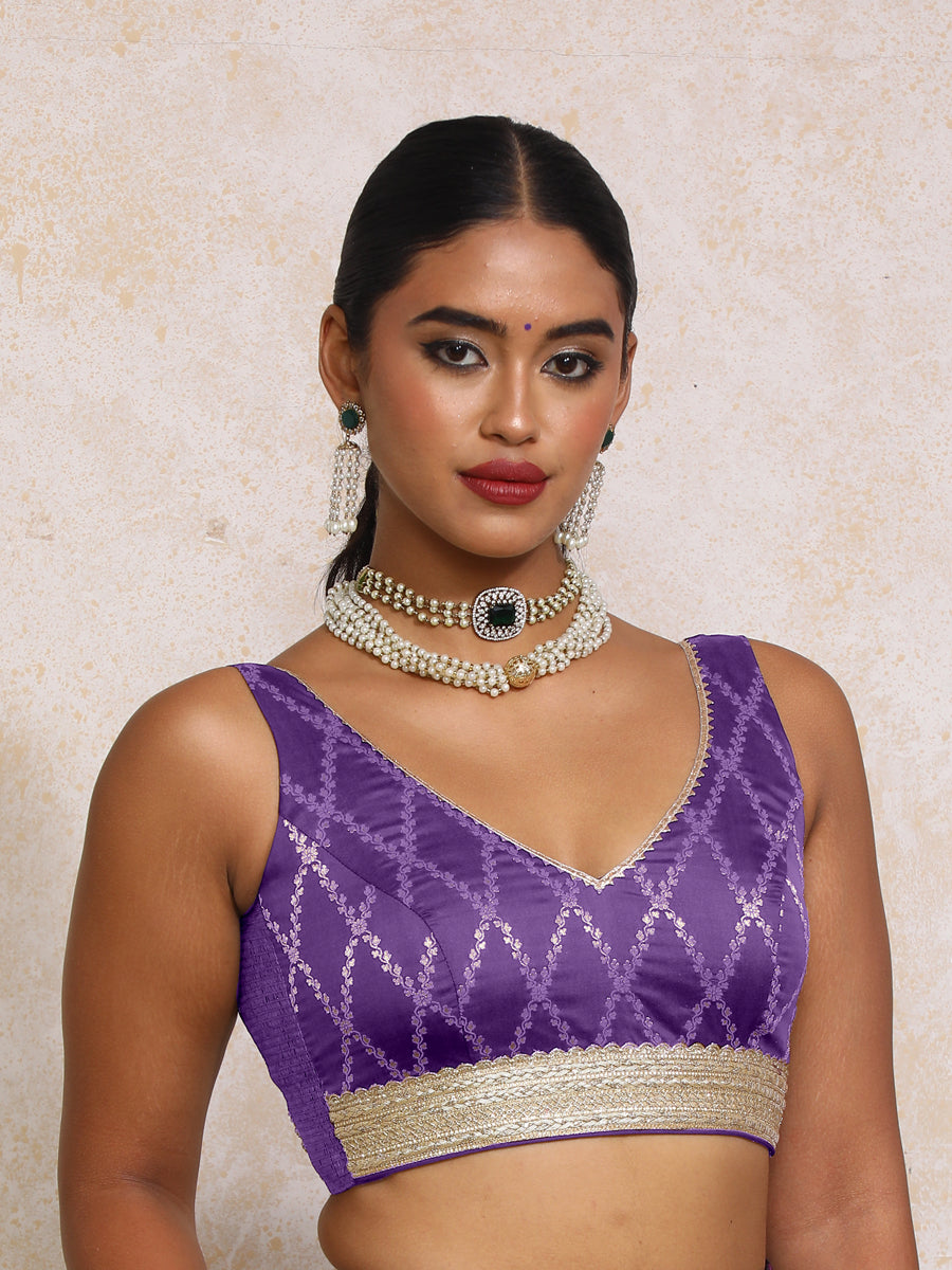 Liyana x Tyohaar Saree Blouse, in Purple Viscose Silk Brocade, featuring sleeveless and curved v-neckline (view 5).