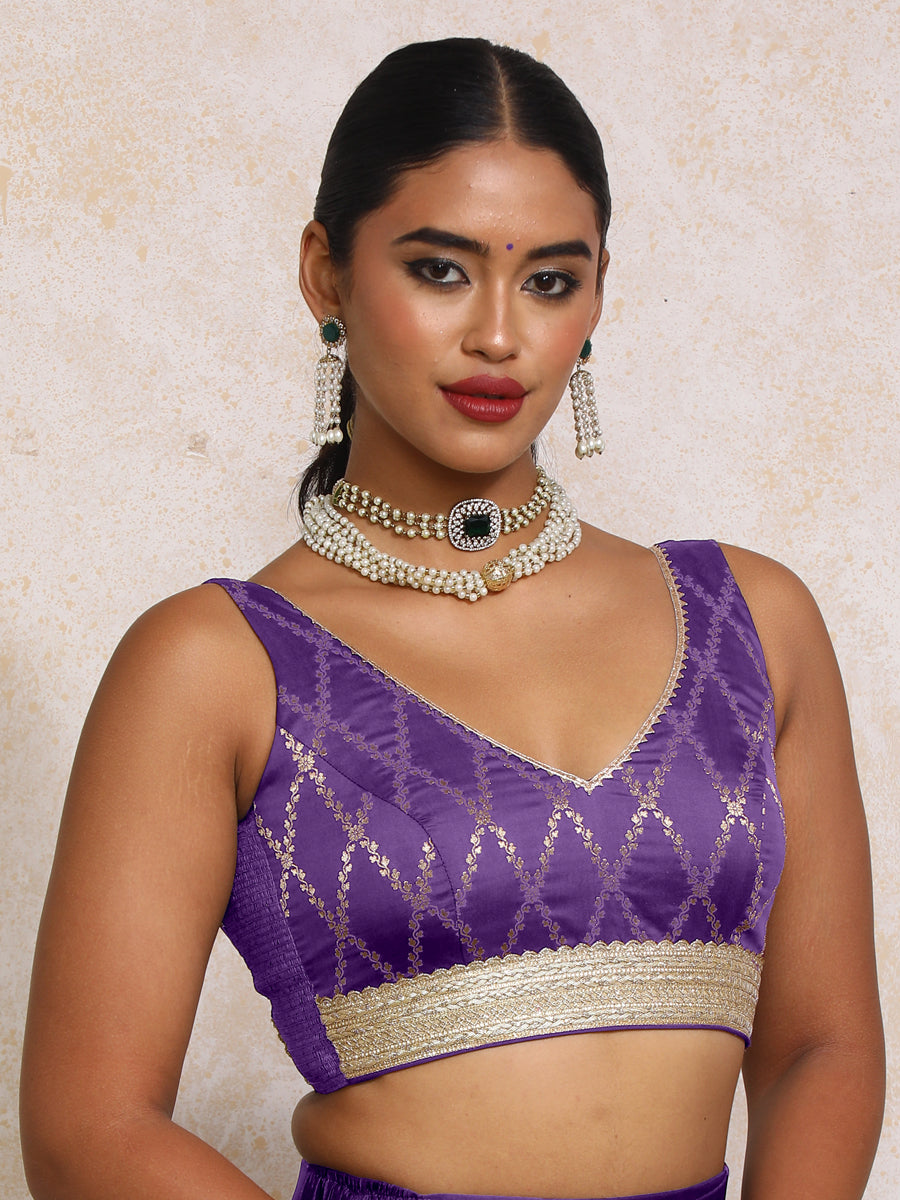 Liyana x Tyohaar Saree Blouse, in Purple Viscose Silk Brocade, featuring sleeveless and curved v-neckline (view 6).