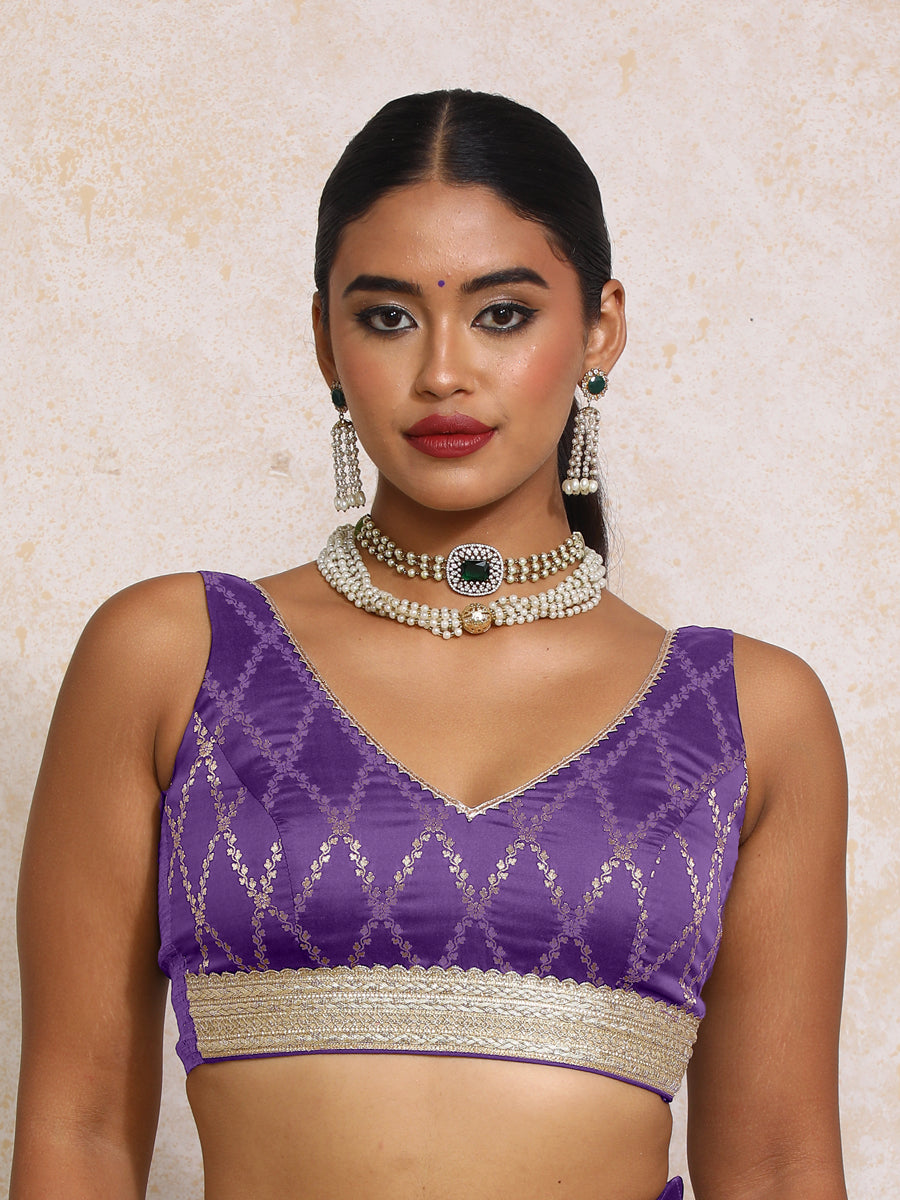 Liyana x Tyohaar Saree Blouse, in Purple Viscose Silk Brocade, featuring sleeveless and curved v-neckline (view 7).