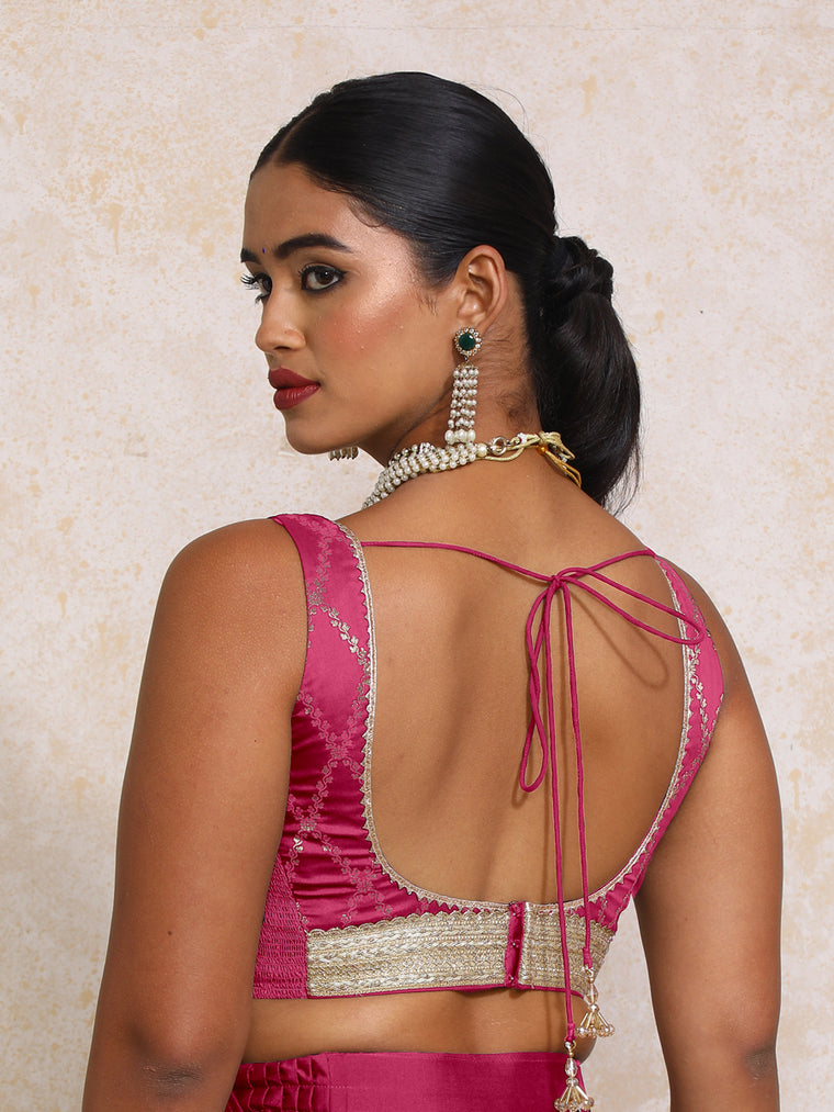 Liyana x Tyohaar Saree Blouse, in Pink Viscose Silk Brocade, featuring sleeveless and curved v-neckline (view 2).