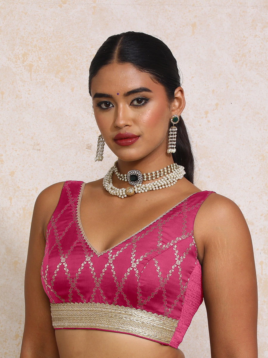 Liyana x Tyohaar Saree Blouse, in Pink Viscose Silk Brocade, featuring sleeveless and curved v-neckline (view 5).