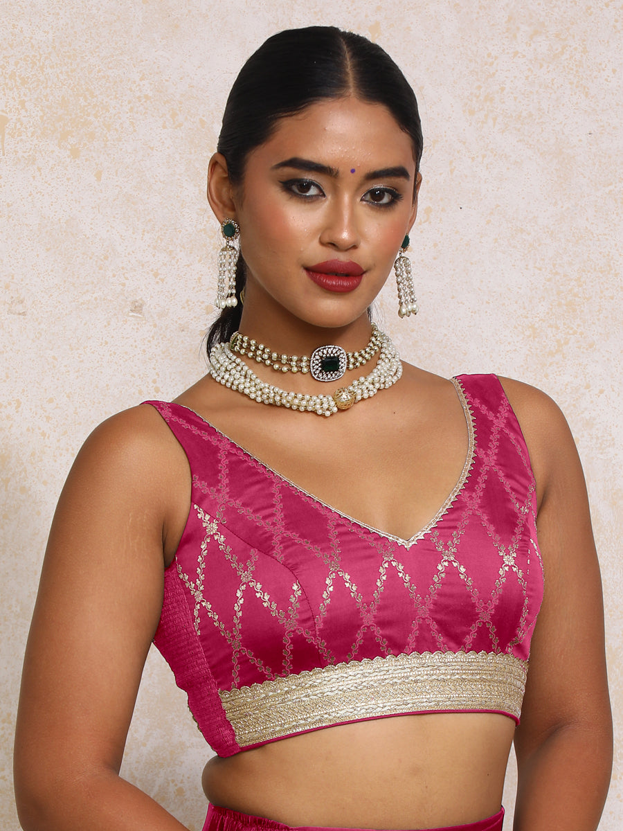 Liyana x Tyohaar Saree Blouse, in Pink Viscose Silk Brocade, featuring sleeveless and curved v-neckline (view 7).