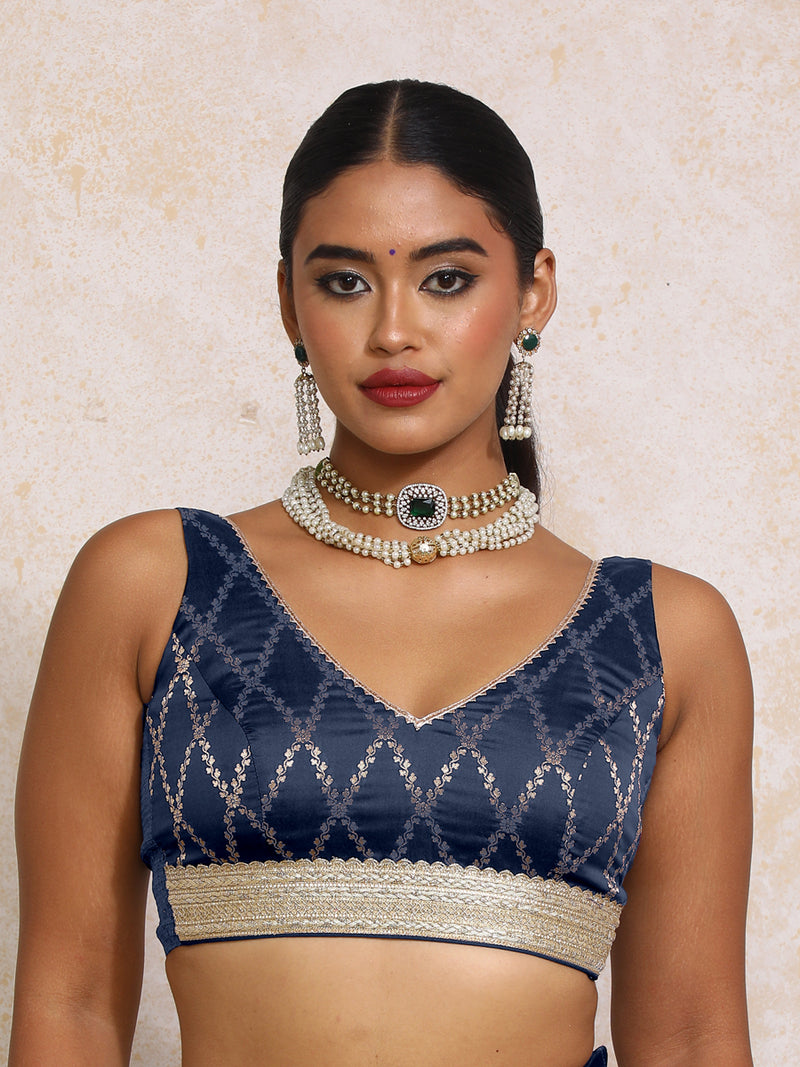 Liyana x Tyohaar | Sleeveless Royal Navy Vine Mesh Brocade Saree Blouse-Binks