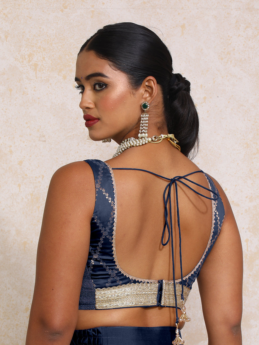 Liyana x Tyohaar Saree Blouse, in Blue Viscose Silk Brocade, featuring sleeveless and curved v-neckline (view 2).