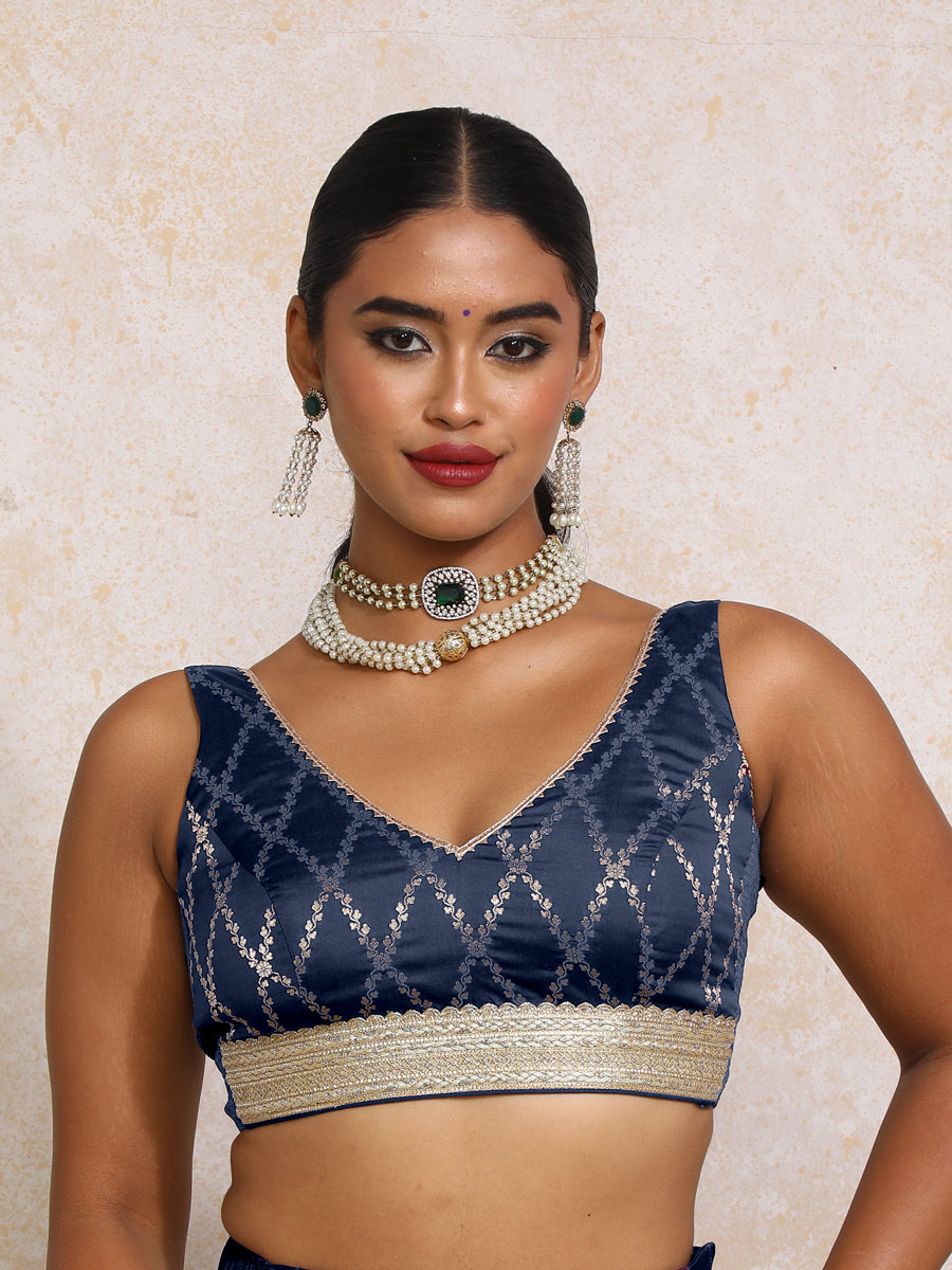 Liyana x Tyohaar Saree Blouse, in Blue Viscose Silk Brocade, featuring sleeveless and curved v-neckline (view 4).