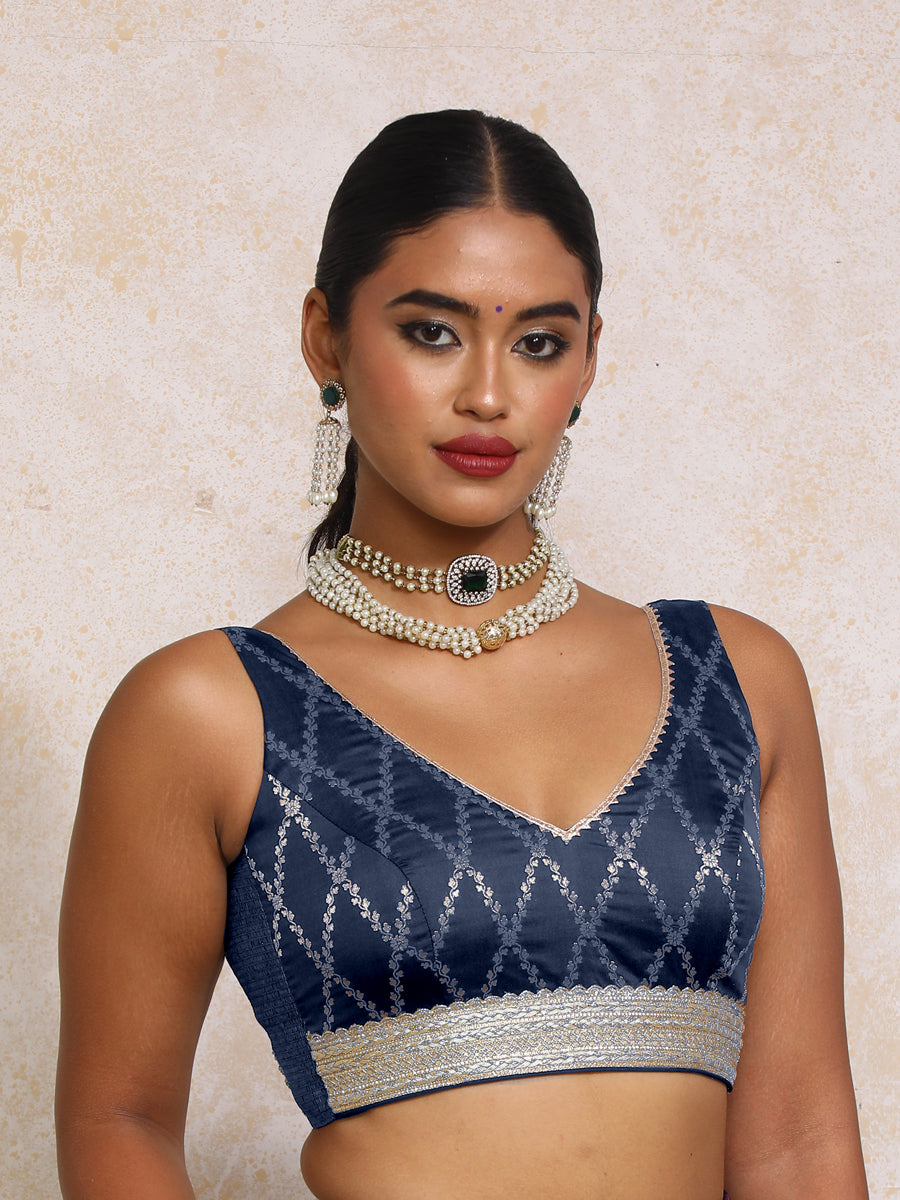 Liyana x Tyohaar Saree Blouse, in Blue Viscose Silk Brocade, featuring sleeveless and curved v-neckline (view 6).